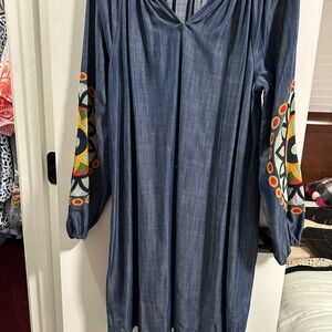 Crown & Ivy Blue Embellished Bishop Sleeve V-Neck Dress